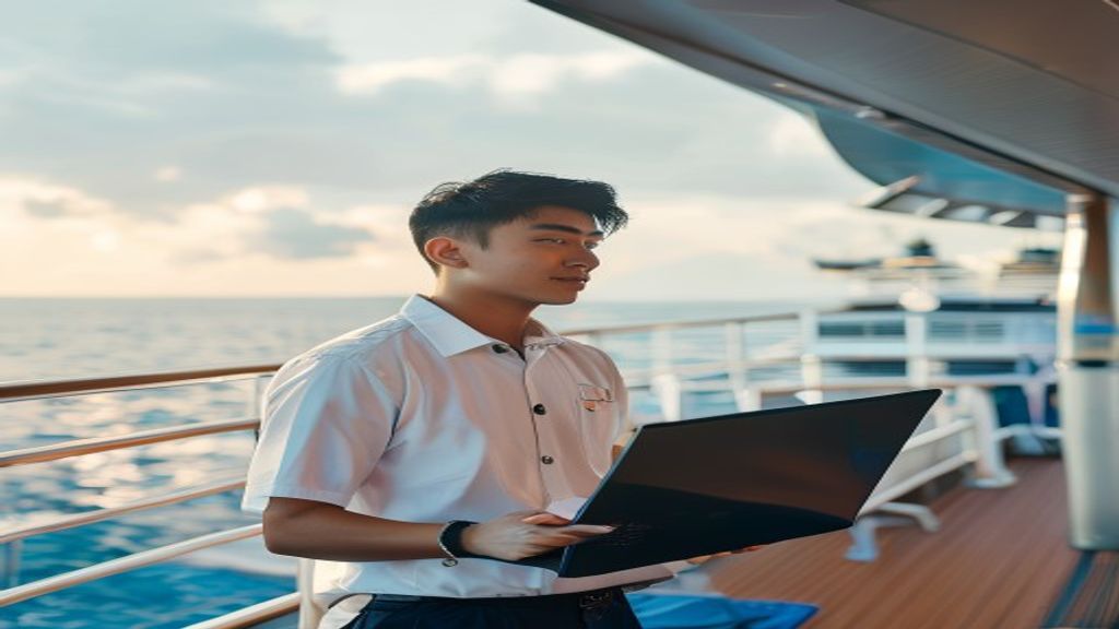 Peserta belajar navigasi cepat di kapal pesiar, melihat instruktur menjelaskan teknik dasar marine cruise.